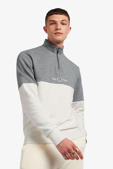 White Fred Perry Colour Block Half Zip Men's Sweatshirts | PH 1566PJJQ